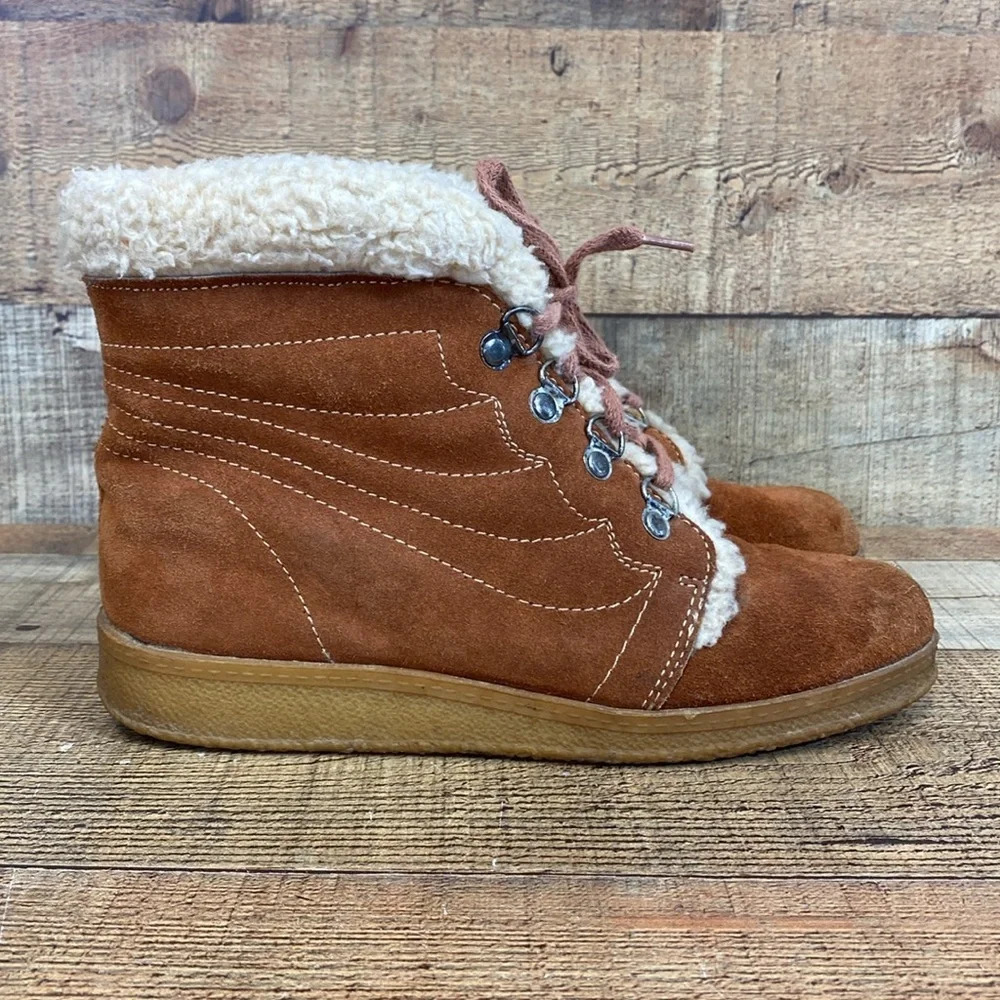 Vintage Woodbridge Suede Leather Faux Fur Ankle Boots Womens Size 8.5 Brown Lace